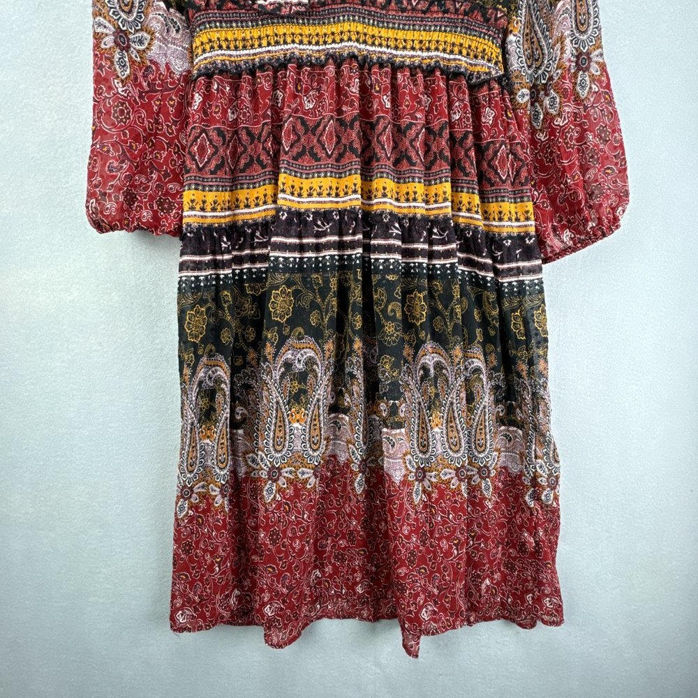 Fig & Flower Dress Womens Large Red Black Pullover Paisley Boho Shirring Tiered - Picture 3 of 15